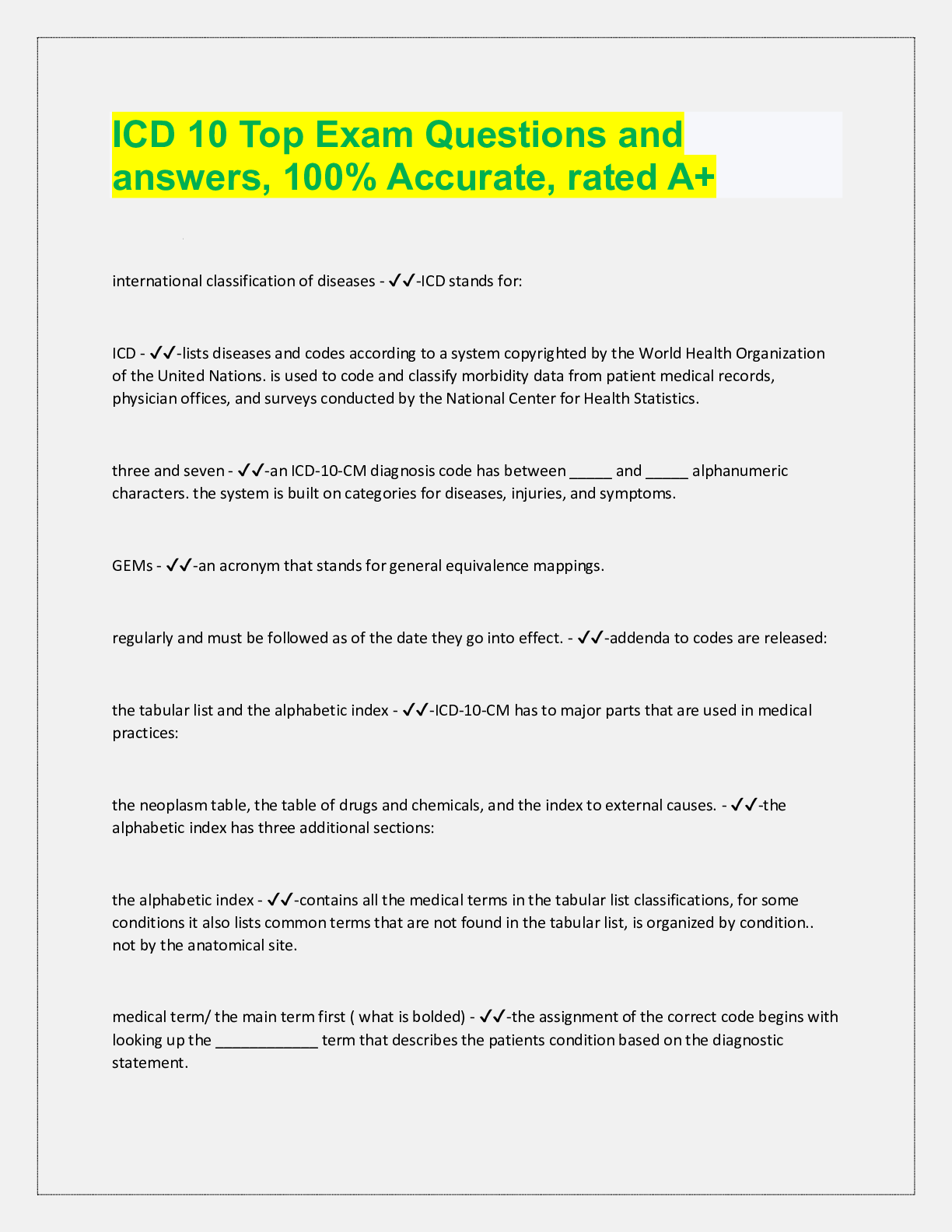 Preview image for ICD 10 Top Exam Questions and  answers, 100% Accurate, rated A+